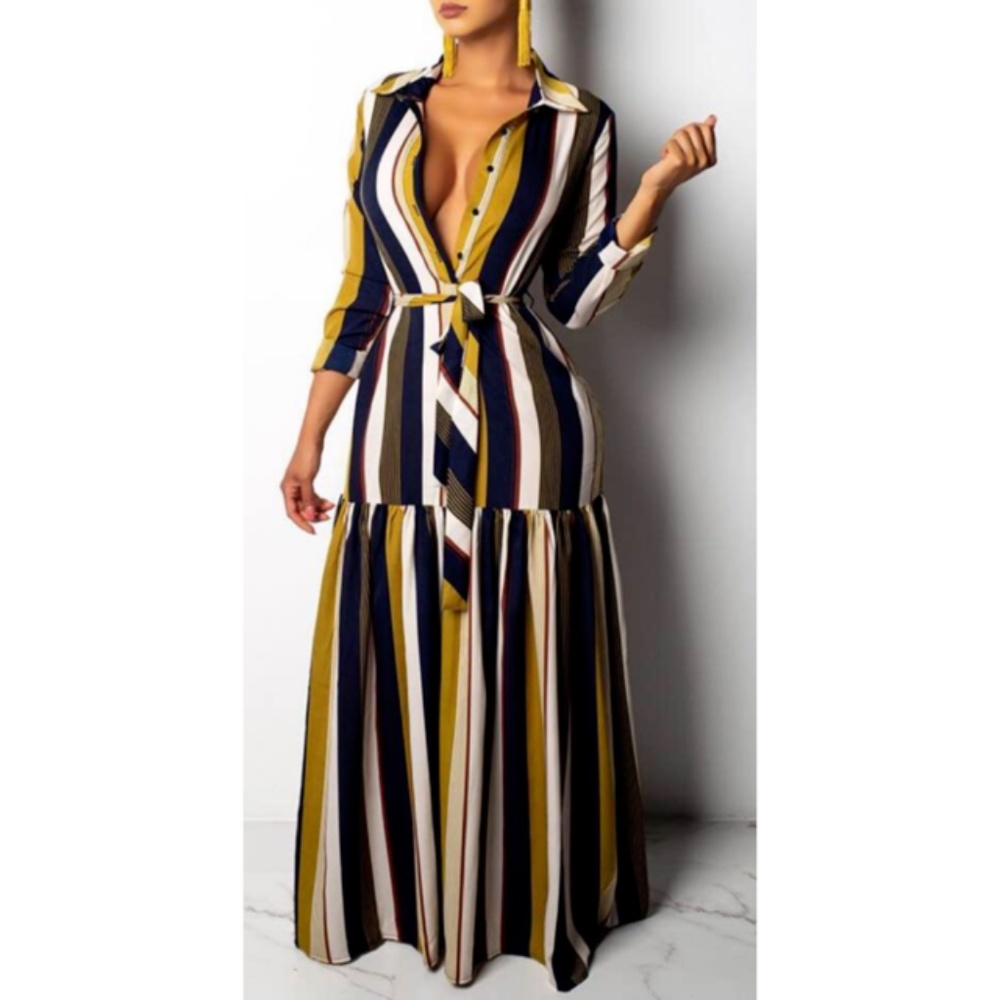 Women's Long Striped Button Maxi Dress